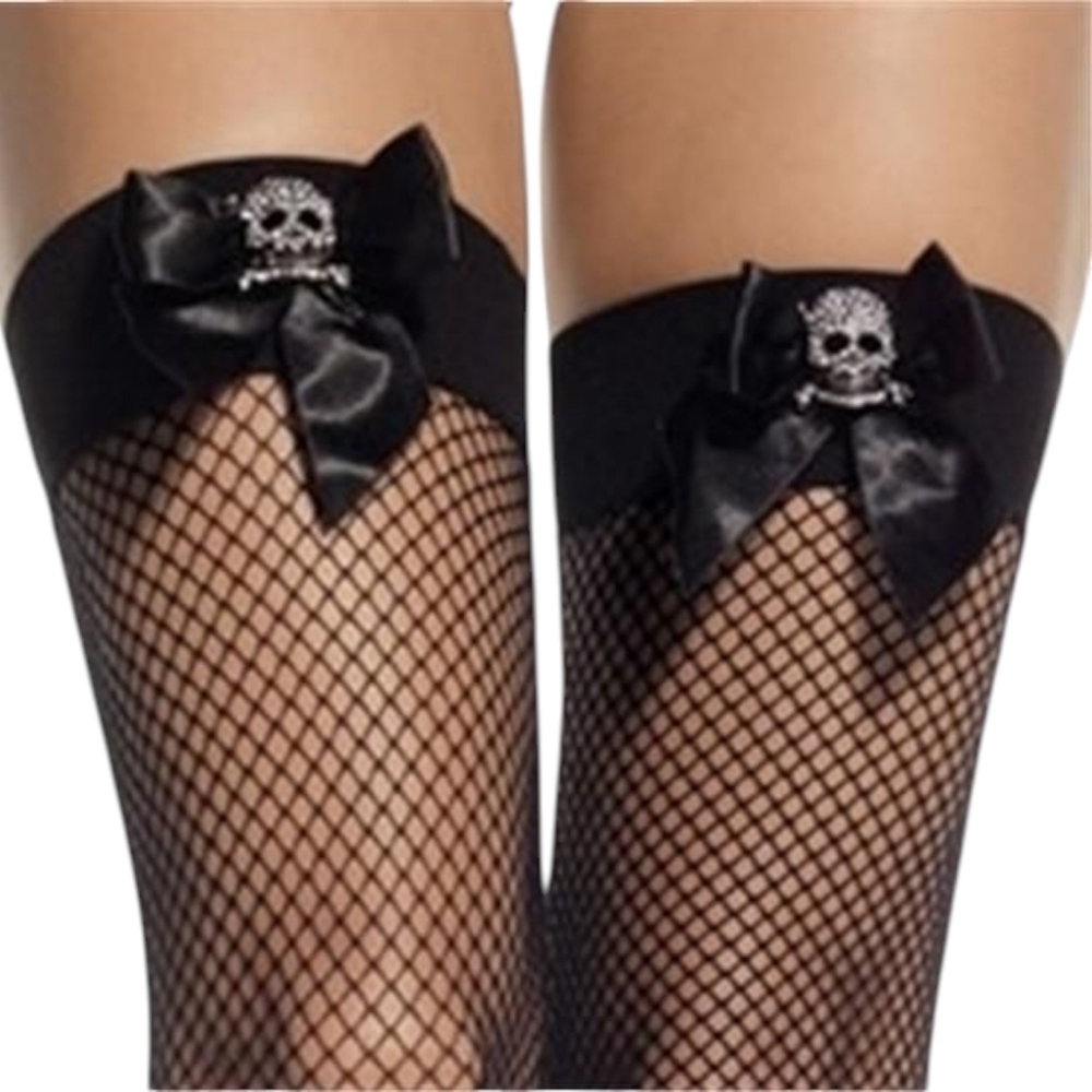 Leg Avenue Rhinestone Skull Bow Fishnet Thigh Highs Stockings Black